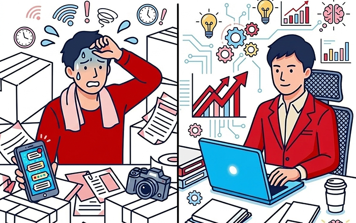 「作業に追われる店主」と「戦略に集中する店主」の比較