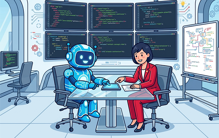 AIロボットと人間が会議をしているシーン