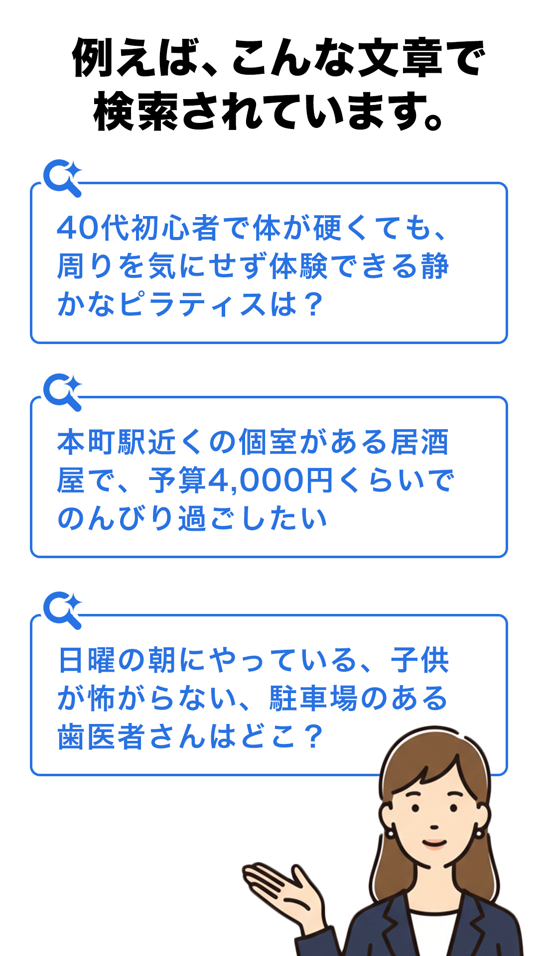 例えば、こんな文章で検索されています。「40代初心者で体が硬くても、周りを気にせず体験できる静かなピラティスは？」「本町駅近くの個室がある居酒屋で、予算4,000円くらいでのんびり過ごしたい」「日曜の朝にやっている、子供が怖がらない、駐車場のある歯医者さんはどこ？」 