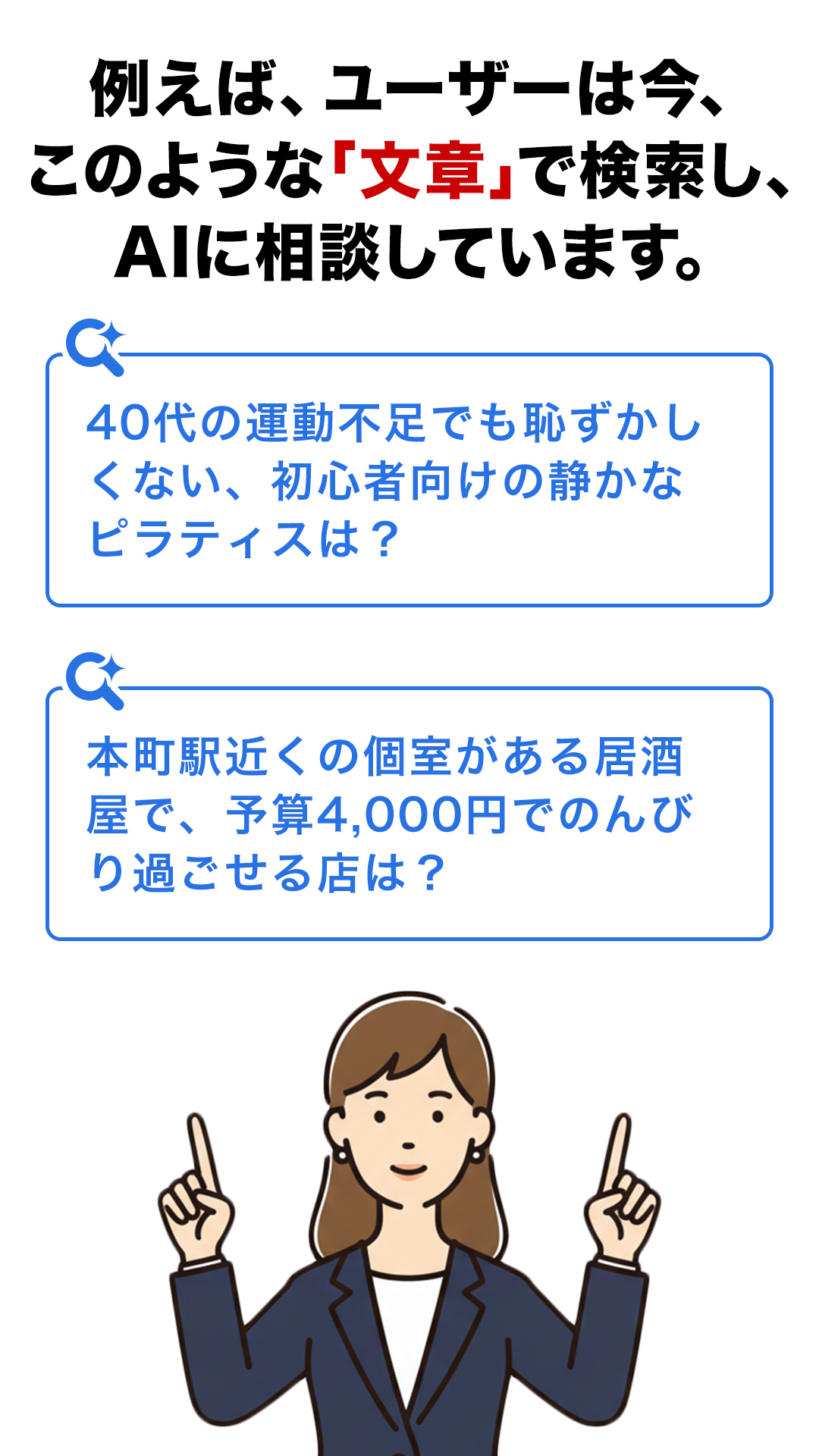 例えば、こんな文章で検索されています。 「40代初心者で体が硬くても、周りを気にせず体験できる静かなピラティスは？」 「本町駅近くの個室がある居酒屋で、予算4,000円くらいでのんびり過ごしたい」 「日曜の朝にやっている、子供が怖がらない、駐車場のある歯医者さんはどこ？」 