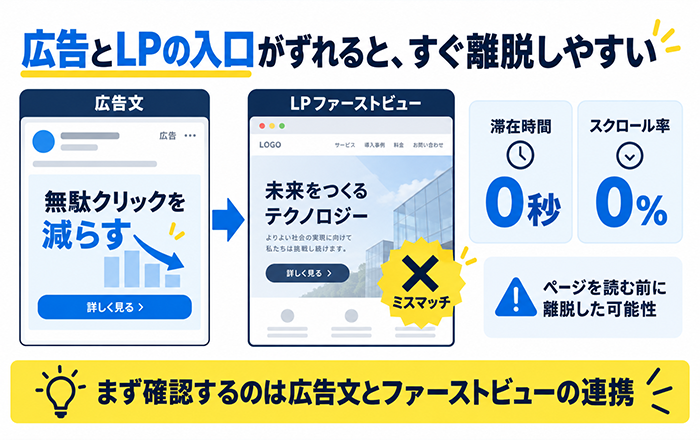 滞在時間0秒とスクロール率0パーセントの広告アクセスを確認する図